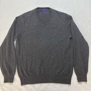 Alan Flusser Men's Large Dark Gray V-Neck 100% Pure Cashmere Sweater Pullover